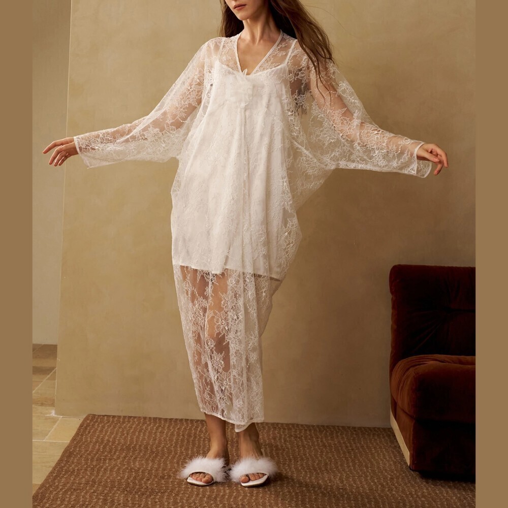 Ivory Sheer Floral Lace Batwing Sleeve Duster with Halter Slip Dress